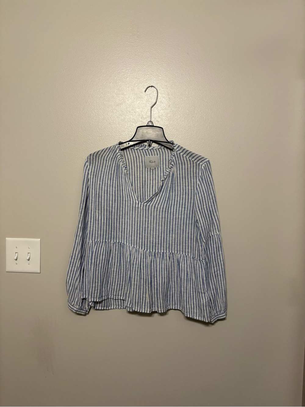 Rails Blue and White Striped V-Neck Peplum Blouse